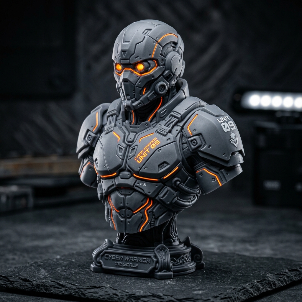 Busto Cyber Warrior Unit 09 impresso em PLA com detalhes em laranja neon