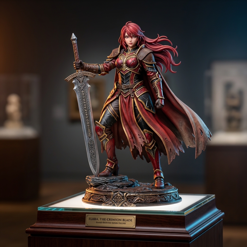 Action figure Elara the Crimson Blade com pintura artesanal e espada detalhada