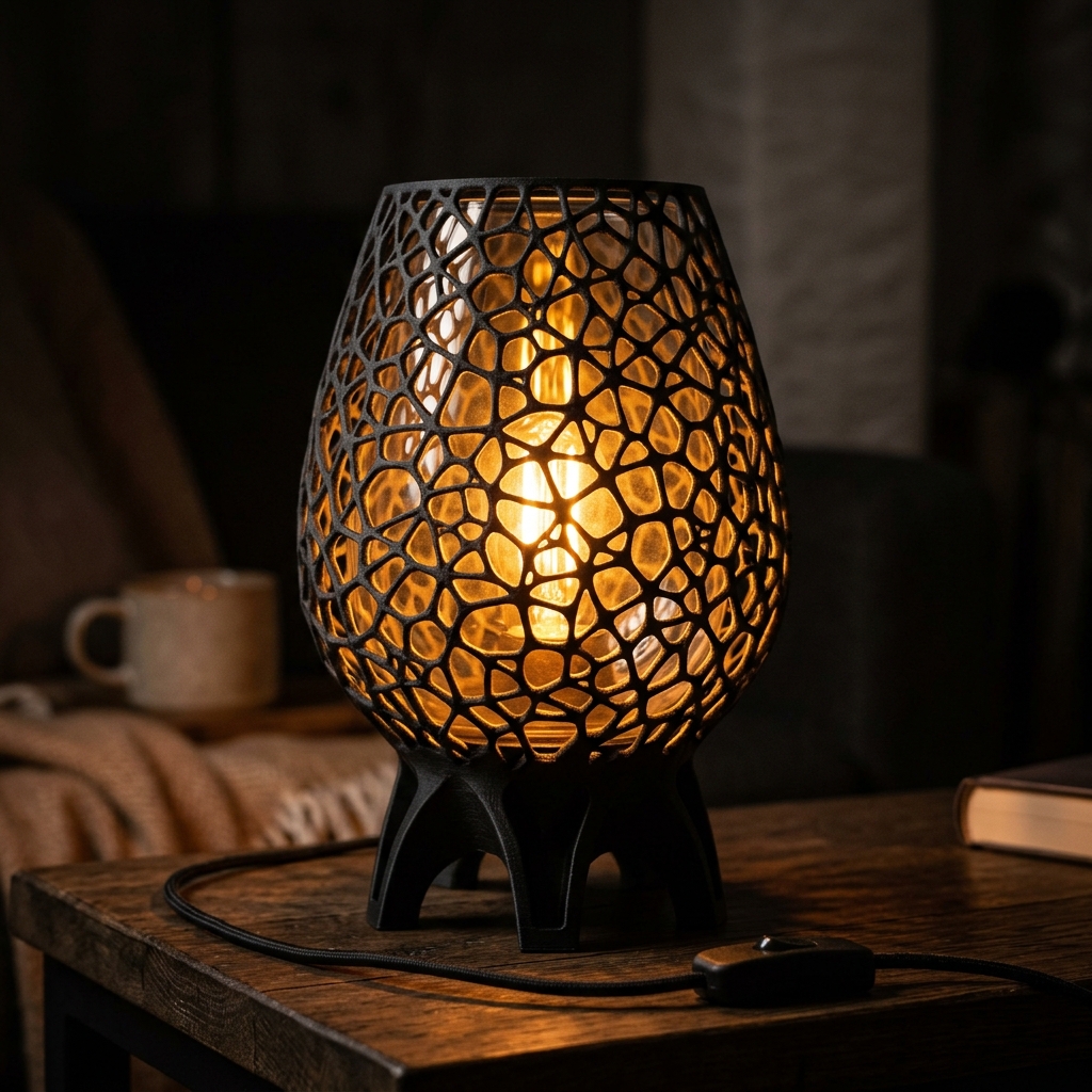 Luminária de mesa Voronoi com padrão celular geométrico e luz âmbar aconchegante