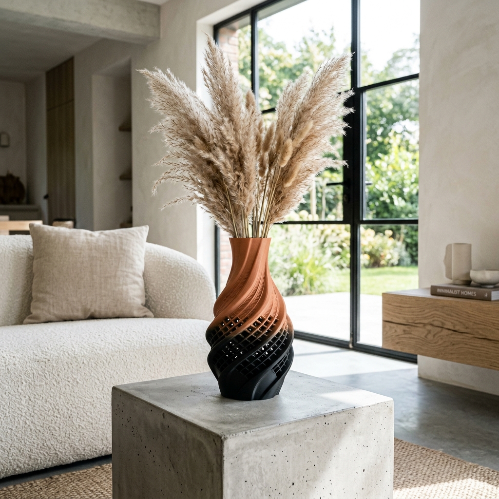 Vaso espiral geométrico paramétrico em terracota e preto para interiores modernos