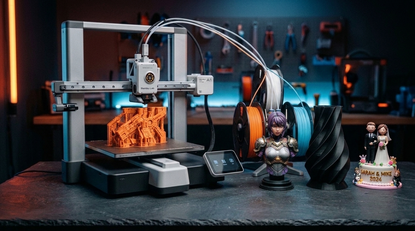 Impressora 3D Bambu Lab A1 Combo com AMS Lite imprimindo em PLA, ao lado de criações do Studio Forti 3D