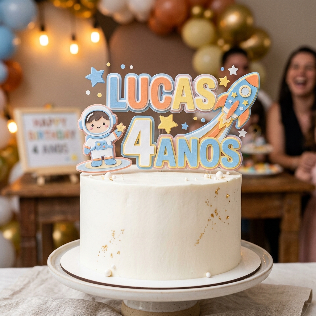 Topo de bolo 3D personalizado com nome Lucas 4 anos e tema astronauta com foguete
